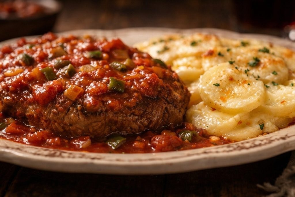 Braised Round Steak Recipe, Vintage Spanish Steak, Retro Meat Recipes, Tender Flank Steak Casserole